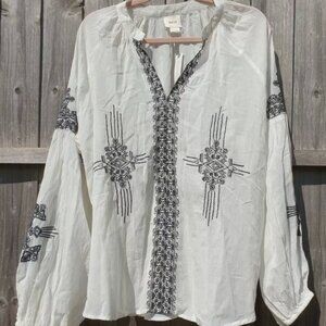 Maeve Anthropologie Shirt/Blouse Women's Size Small White/Black Embroidery Boho